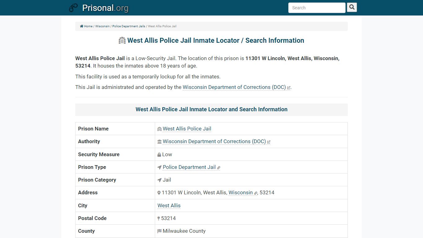 West Allis Police Jail-Inmate Locator/Search Info, Phone, Fax, Email ...